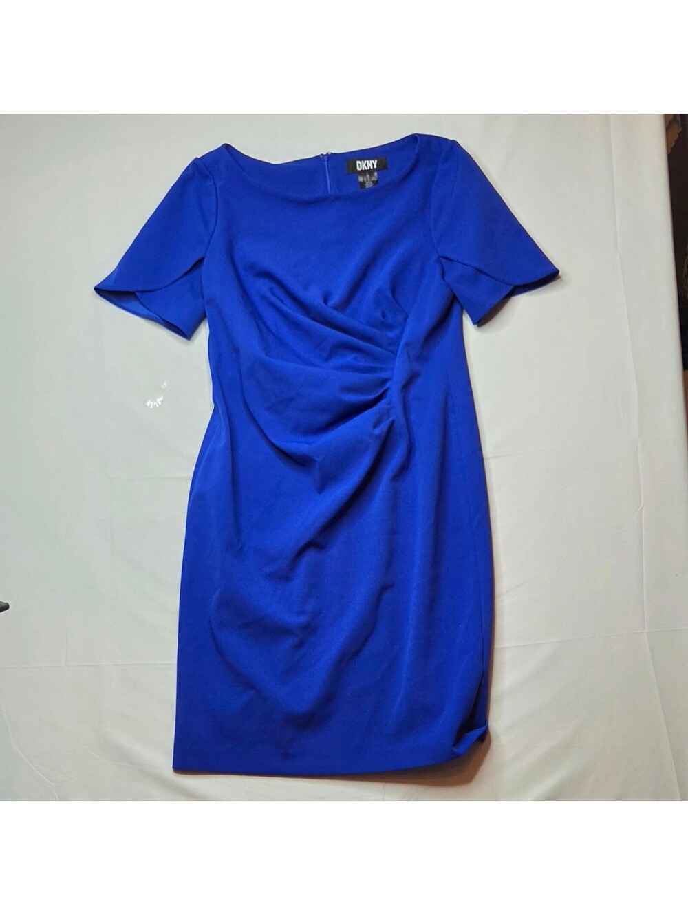 DKNY Cobalt Royal Blue Ruched Scuba Crepe Tulip Bubble Sleeve Sheath Dress 12